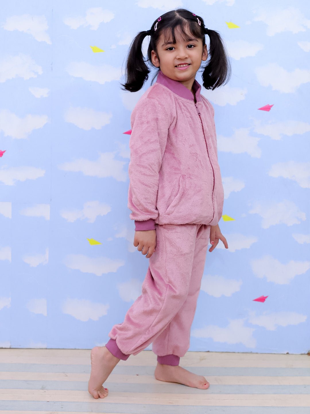  Puffin In Pink Fleece Zipper Jacket Sweatpants Set For Kids