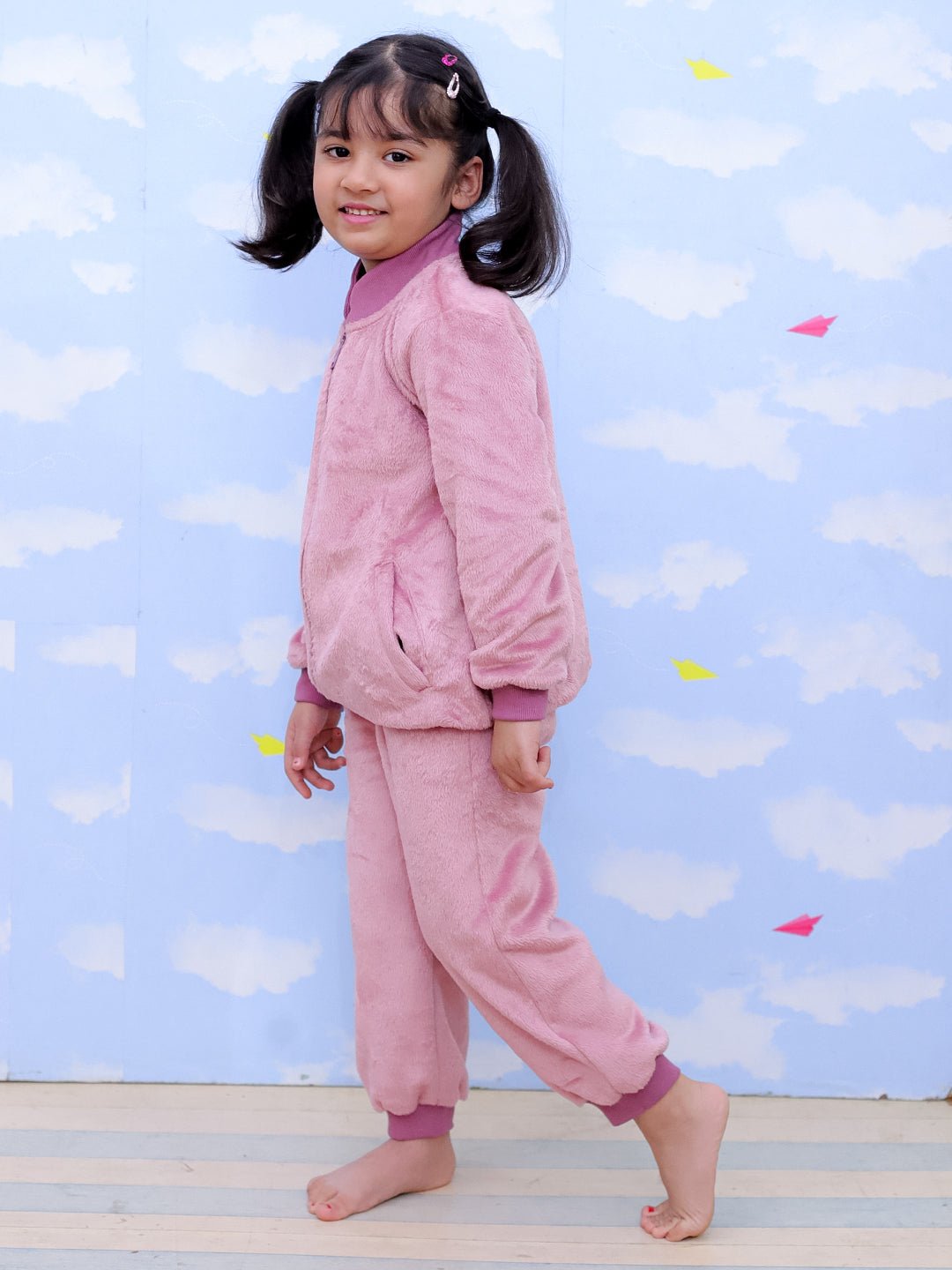  Puffin In Pink Fleece Zipper Jacket Sweatpants Set For Kids