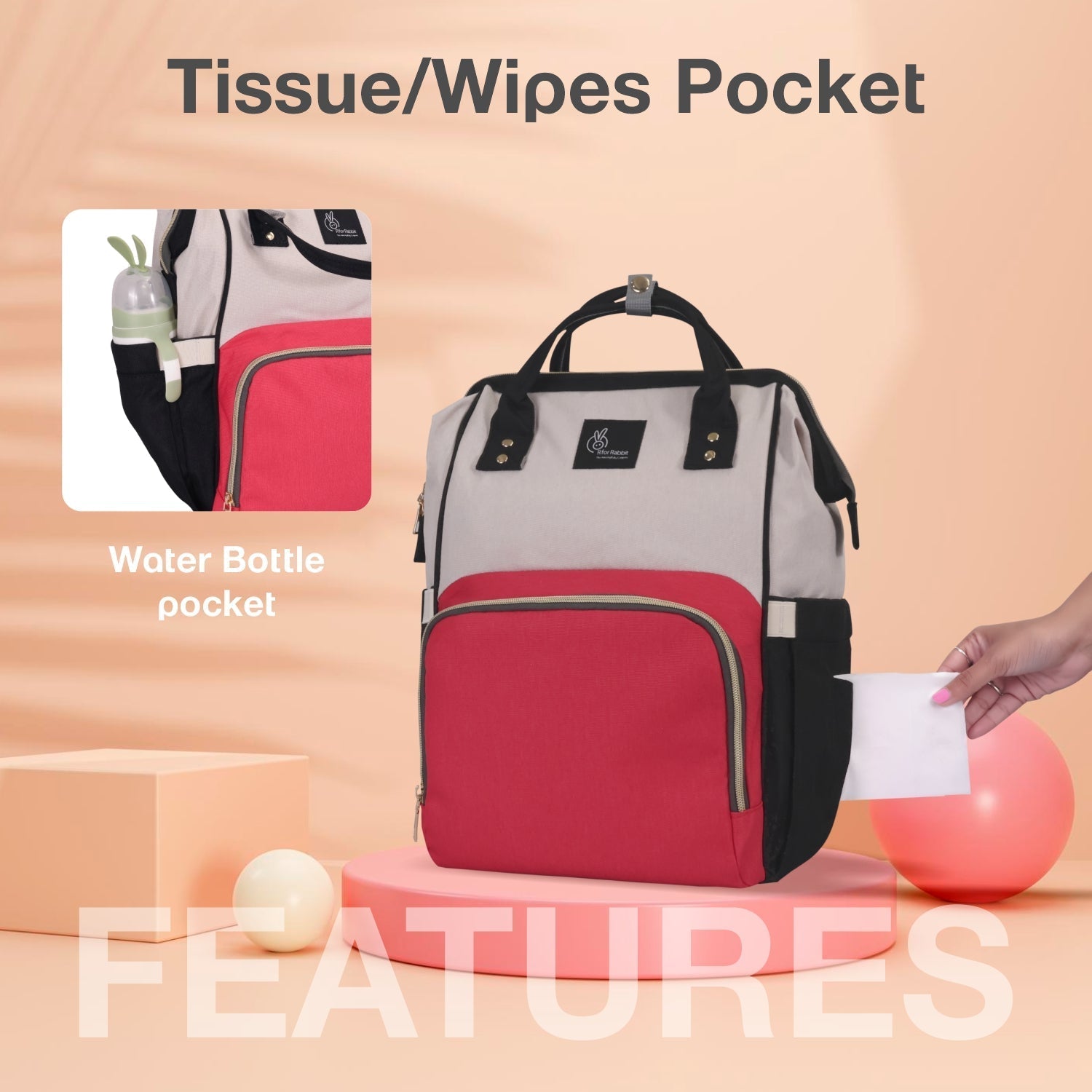 R For Rabbit Caramello Diaper Bag Red Cream 16.9x10.2x7.8in 2.2lb