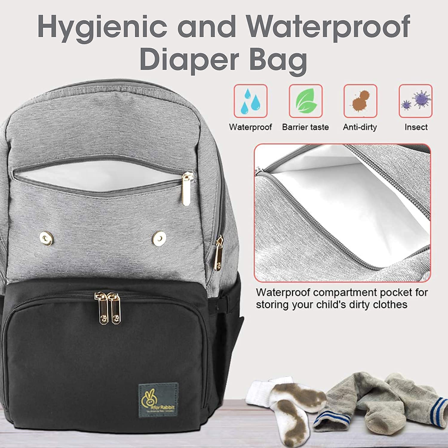 R For Rabbit Caramello Smart Diaper Bag Grey Black 17.32x10.63x7.87in 2.2lb