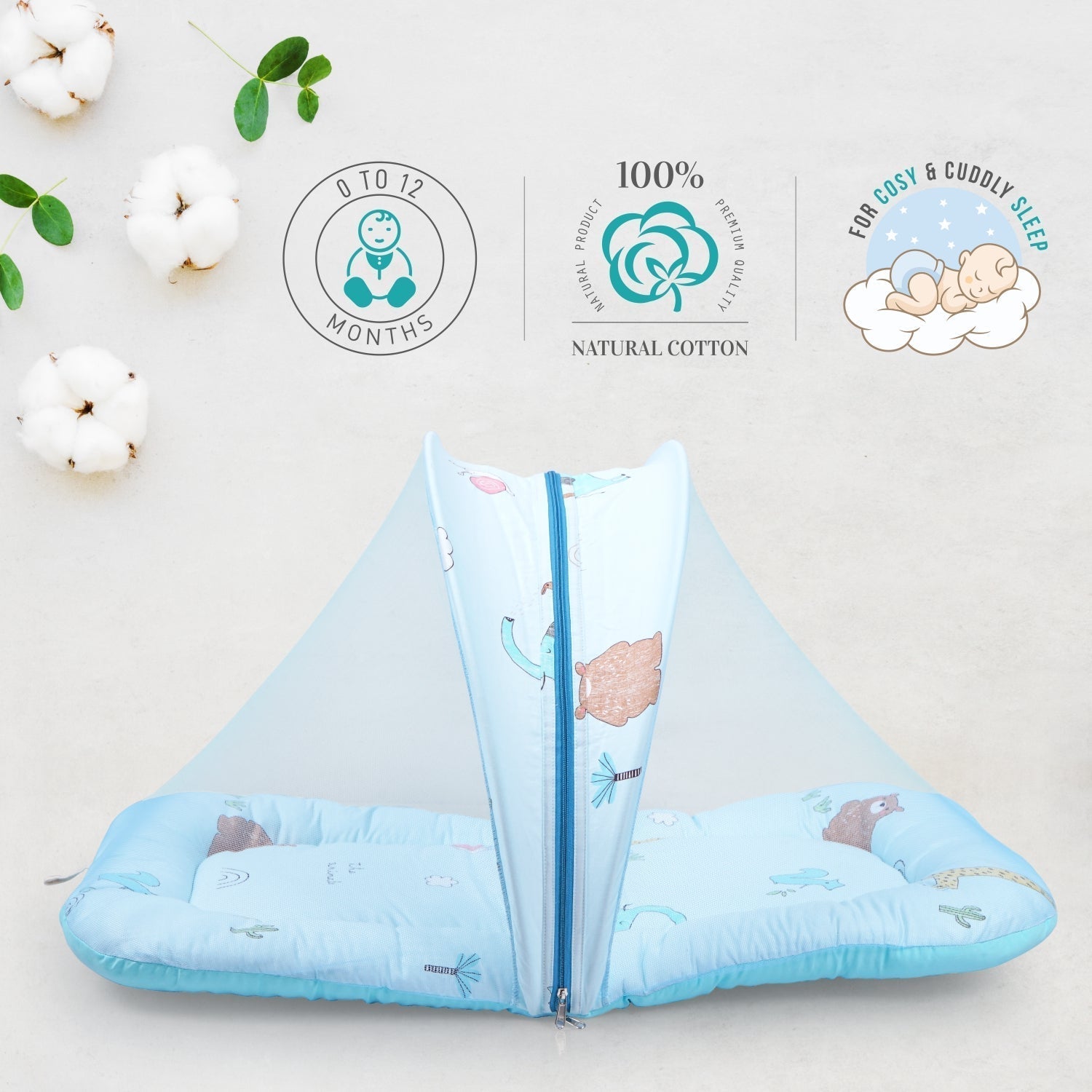 Snuggy Safari 100% Cotton Blue Portable Bed For Babies