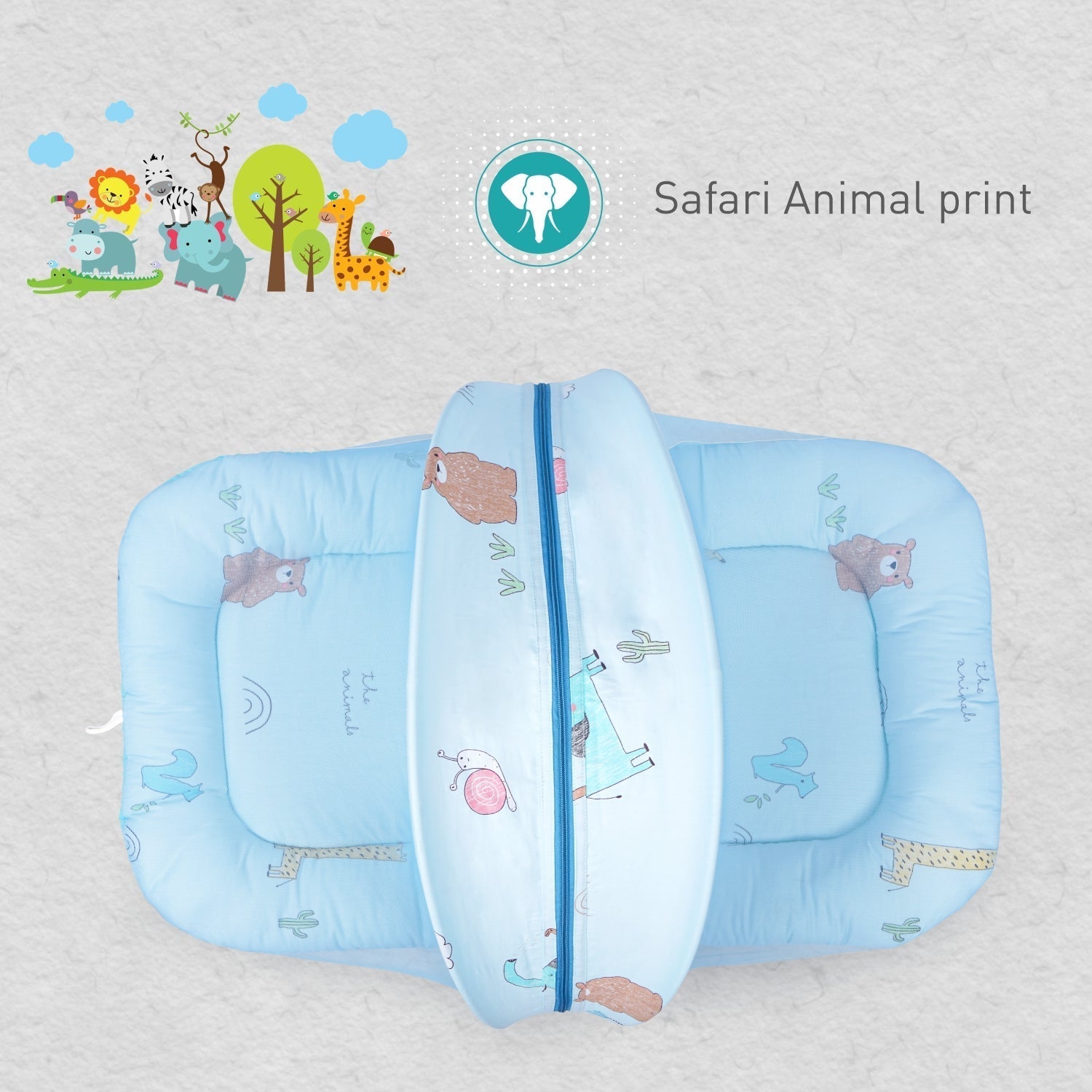 Snuggy Safari 100% Cotton Blue Portable Bed For Babies