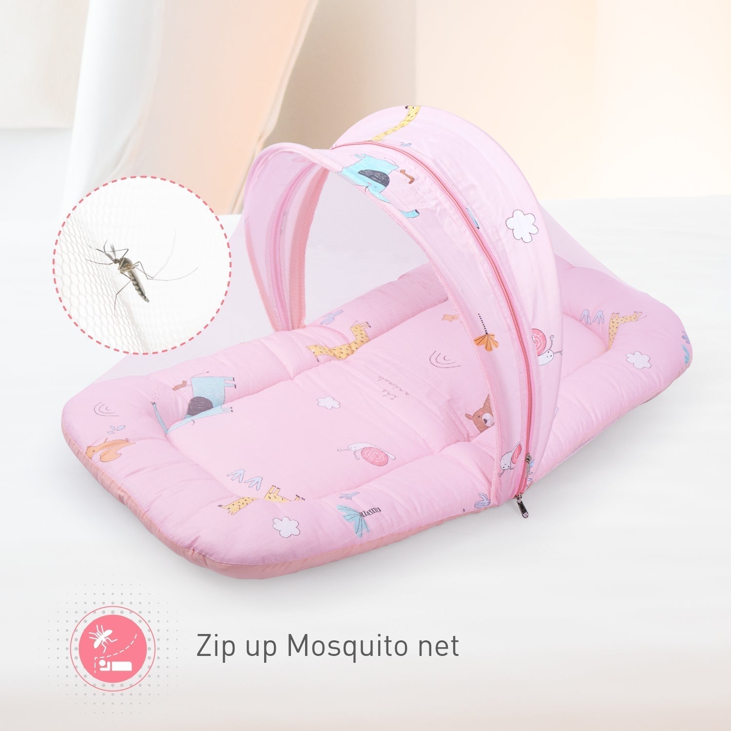 Safari Pink 100% Cotton Portable Bed For Babies