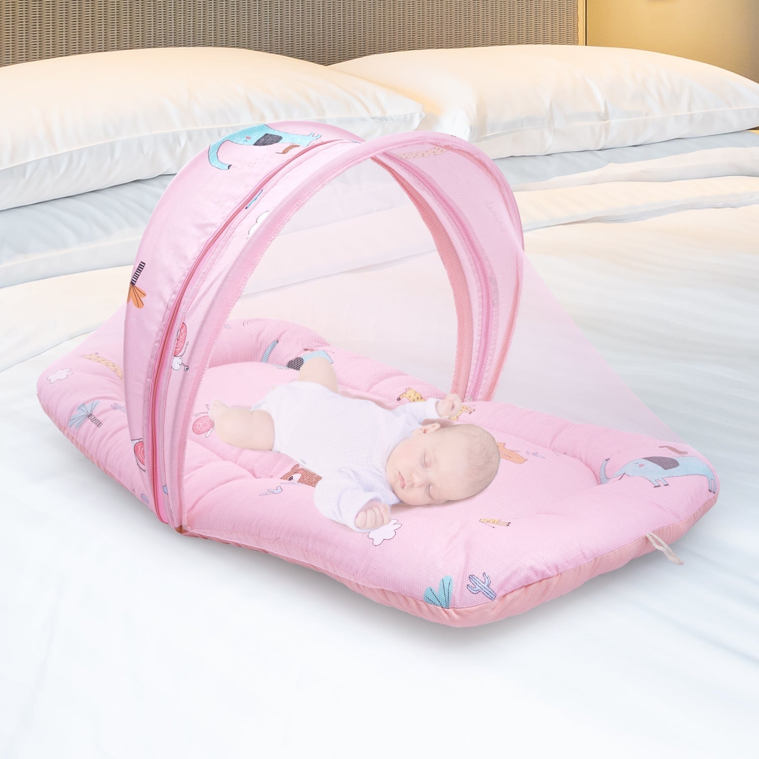 Safari Pink 100% Cotton Portable Bed For Babies