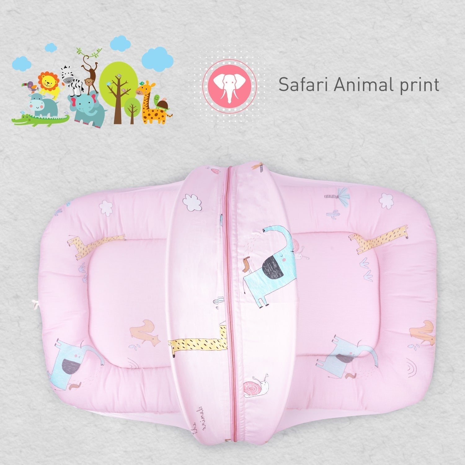 Safari Pink 100% Cotton Portable Bed For Babies