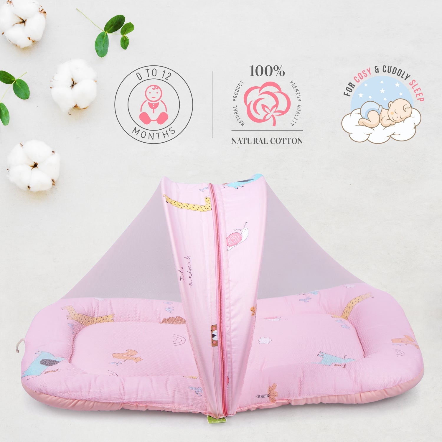 Safari Pink 100% Cotton Portable Bed For Babies