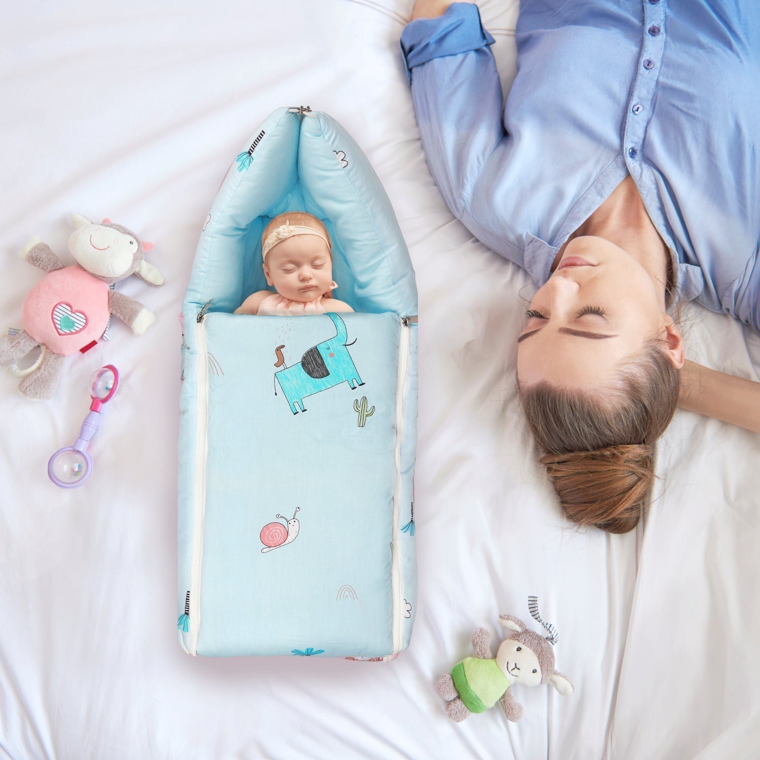 Snuggy Sky Blue 100% Cotton Portable Bed For Babies