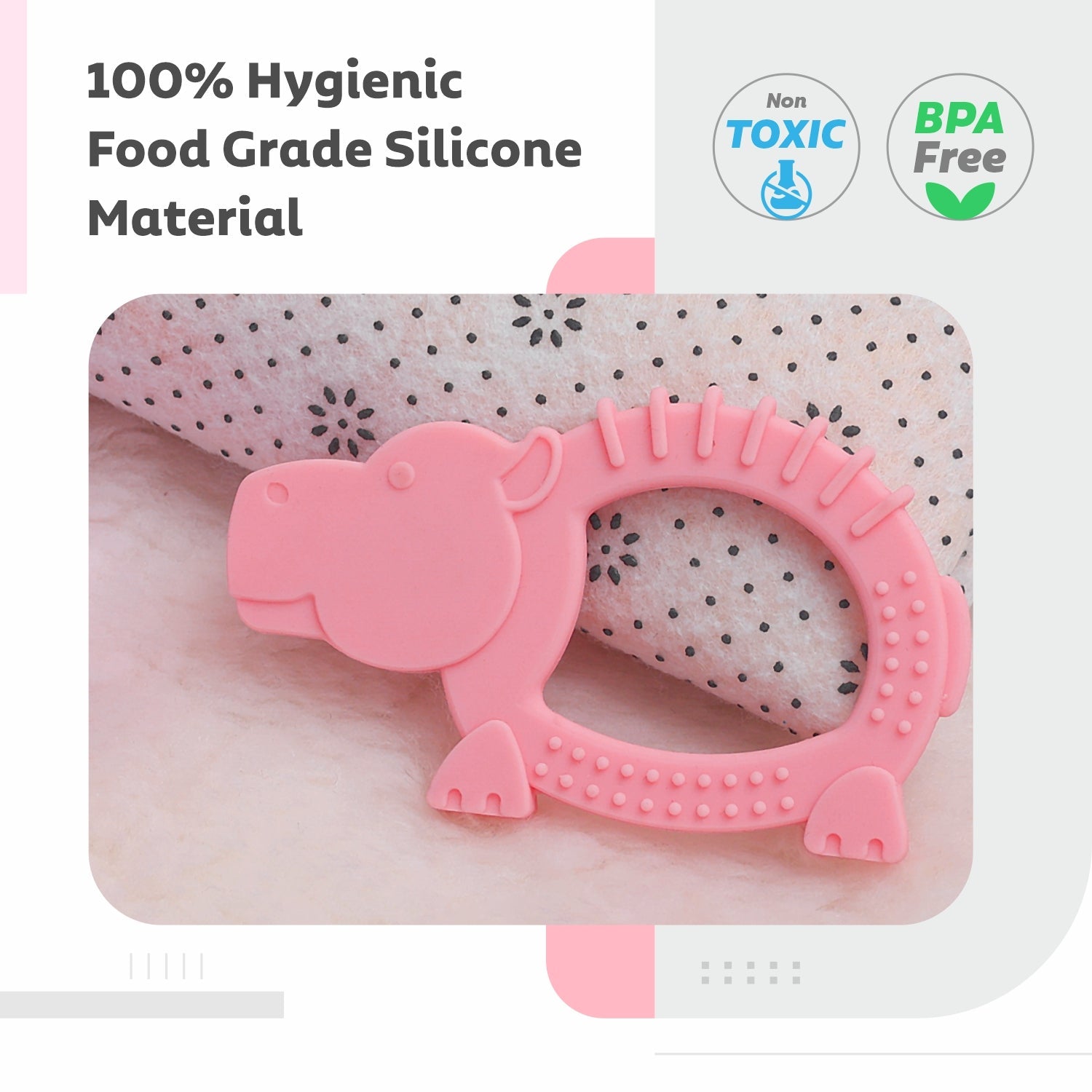 Tiny Bites Safari Pink 100% Silicone Hippo Teether For Babies