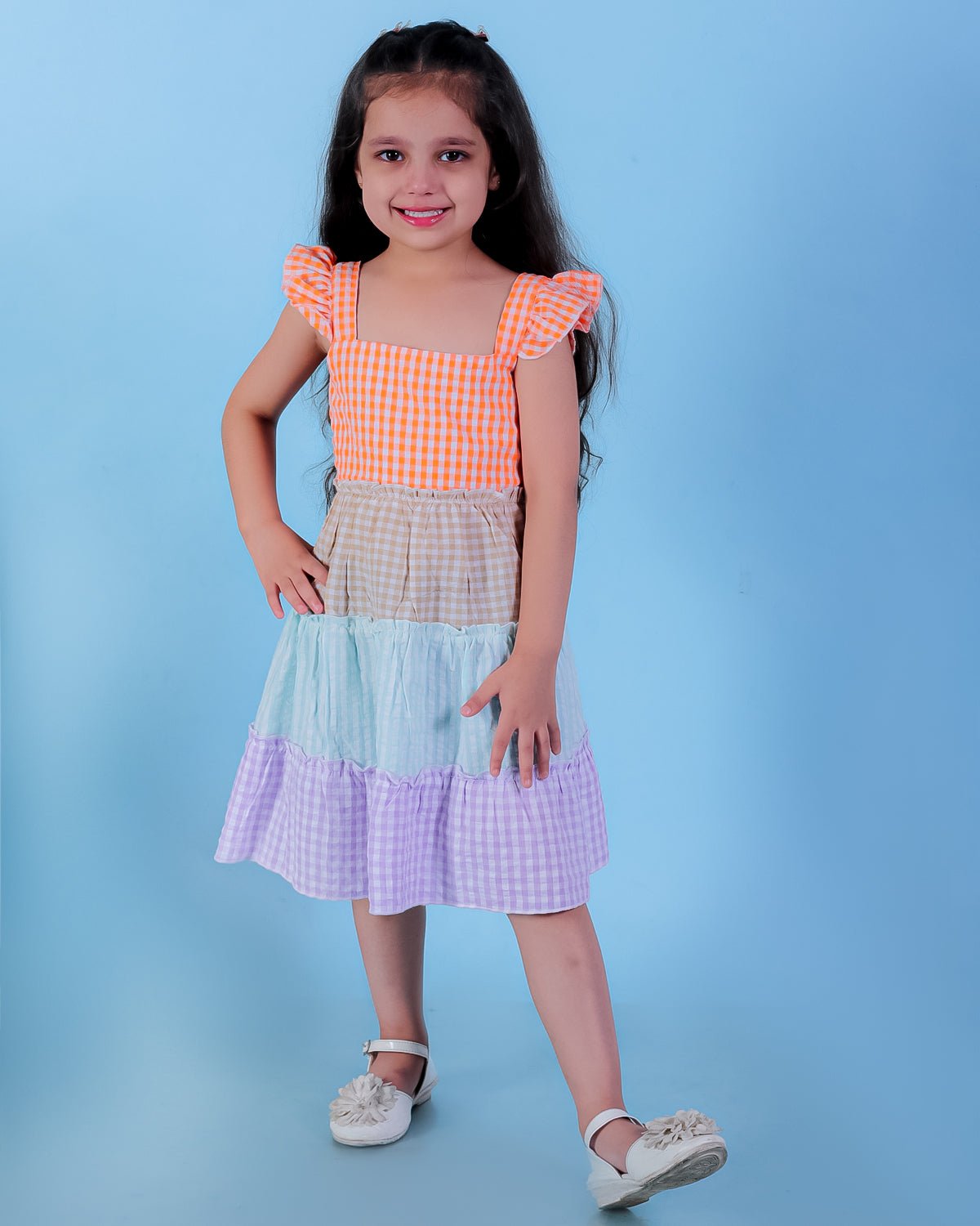Rainbow Checkered Charm Girls Casual Dress For Kids