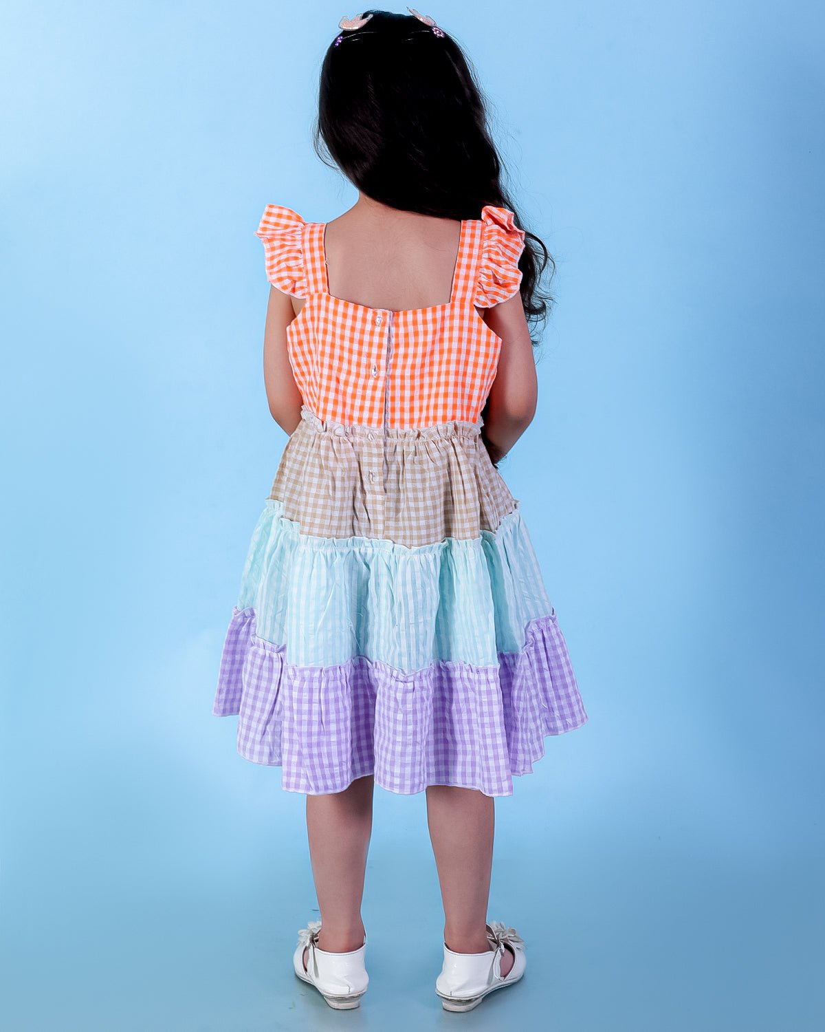 Rainbow Checkered Charm Girls Casual Dress For Kids