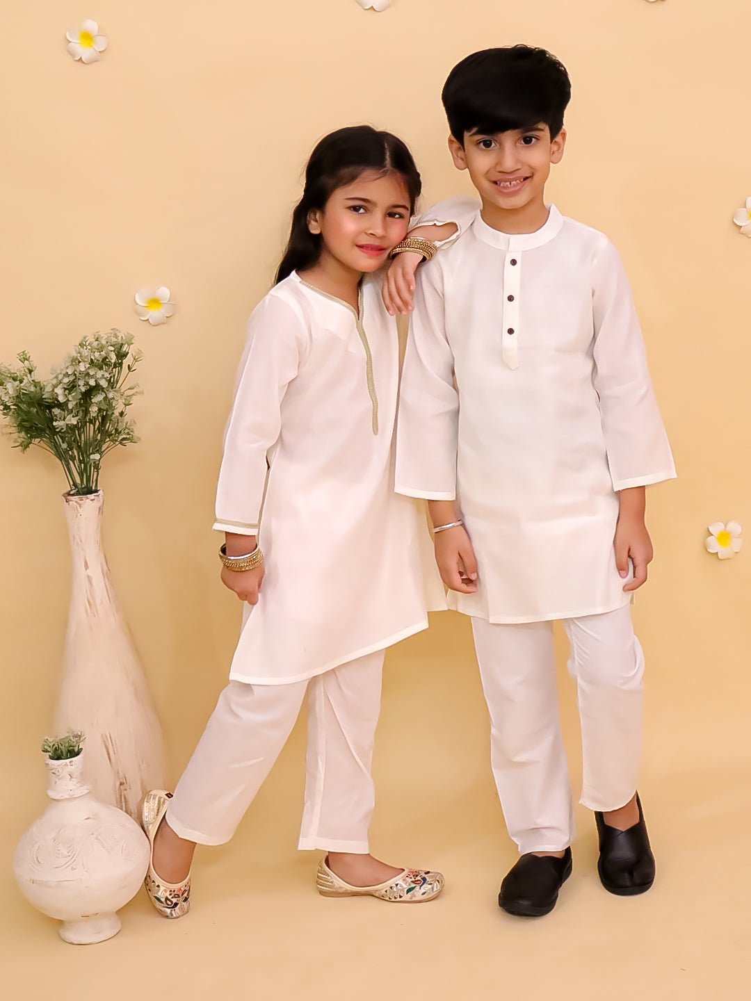 Rang De Sibling White Cotton Ethnic Kurta Pajama Twinning Combo Set