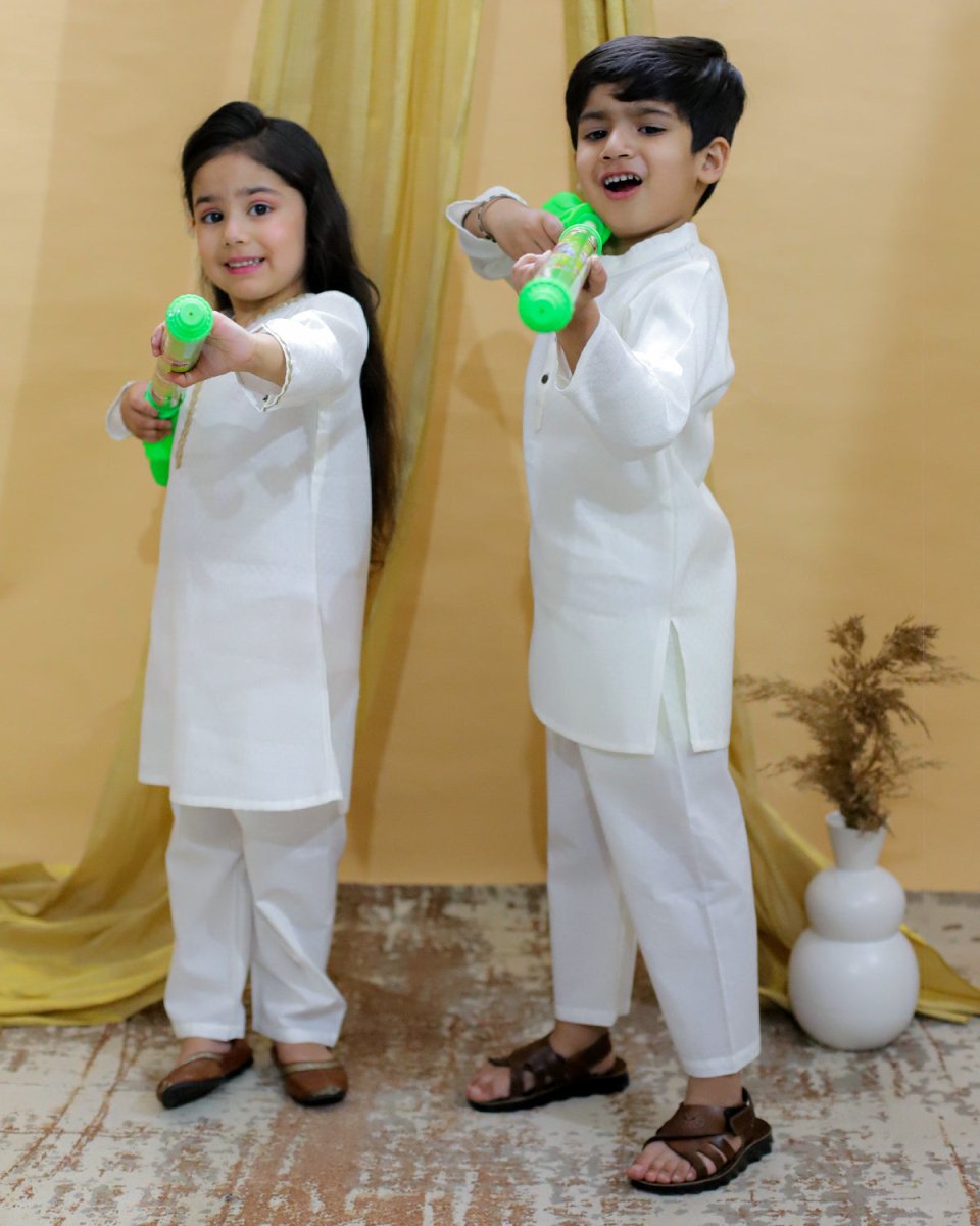 Rang De Sibling White Cotton Ethnic Kurta Pajama Twinning Combo Set