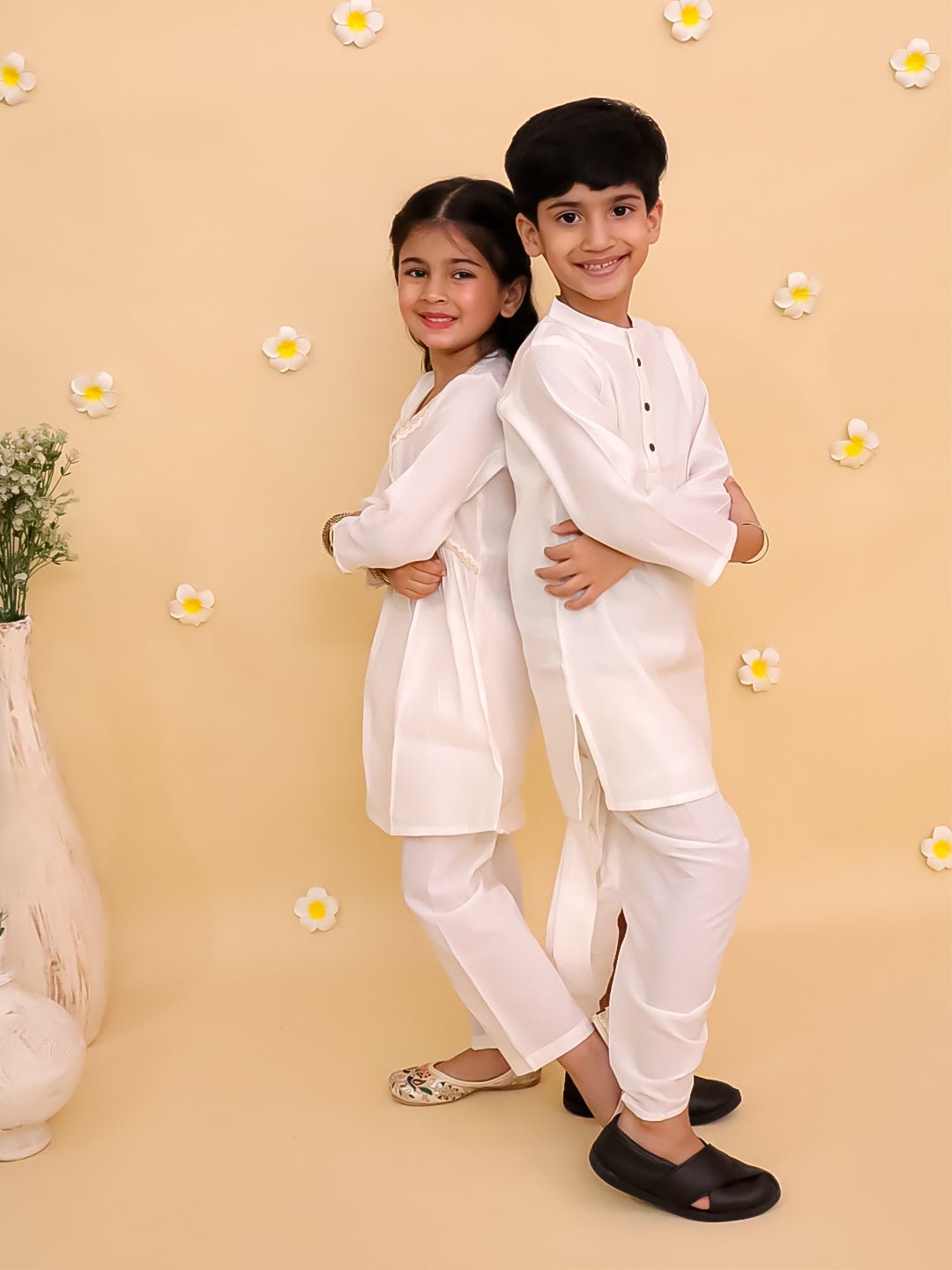 Rang De Sibling White Cotton Ethnic Kurta Pajama Twinning Combo Set