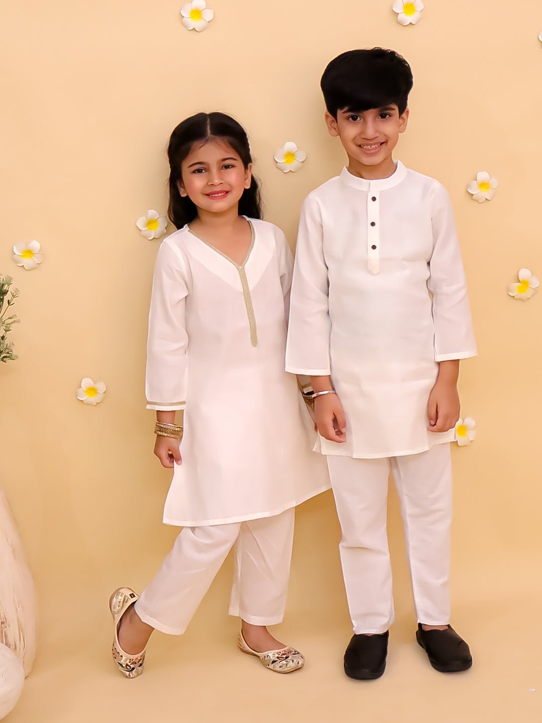 Rang De Sibling White Cotton Ethnic Kurta Pajama Twinning Combo Set