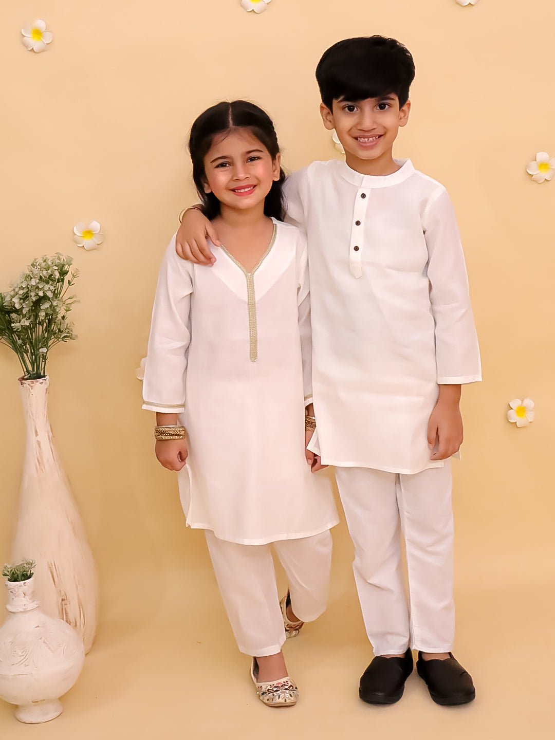 Rang De Sibling White Cotton Ethnic Kurta Pajama Twinning Combo Set