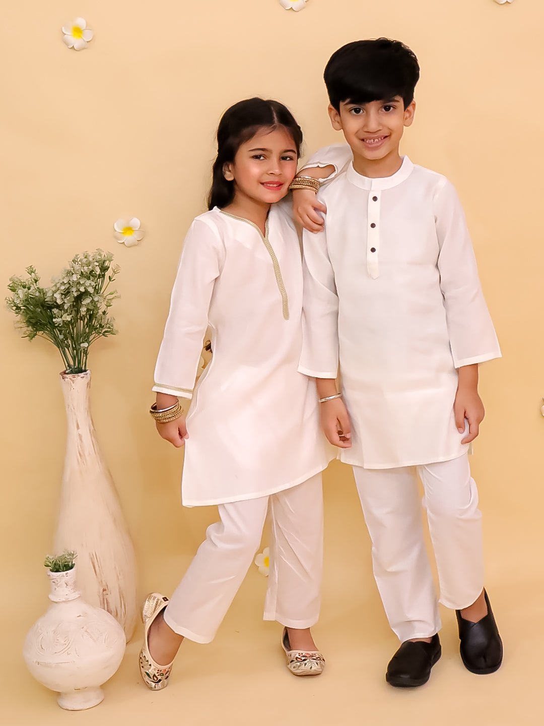 Rang De Sibling White Cotton Ethnic Kurta Pajama Twinning Combo Set
