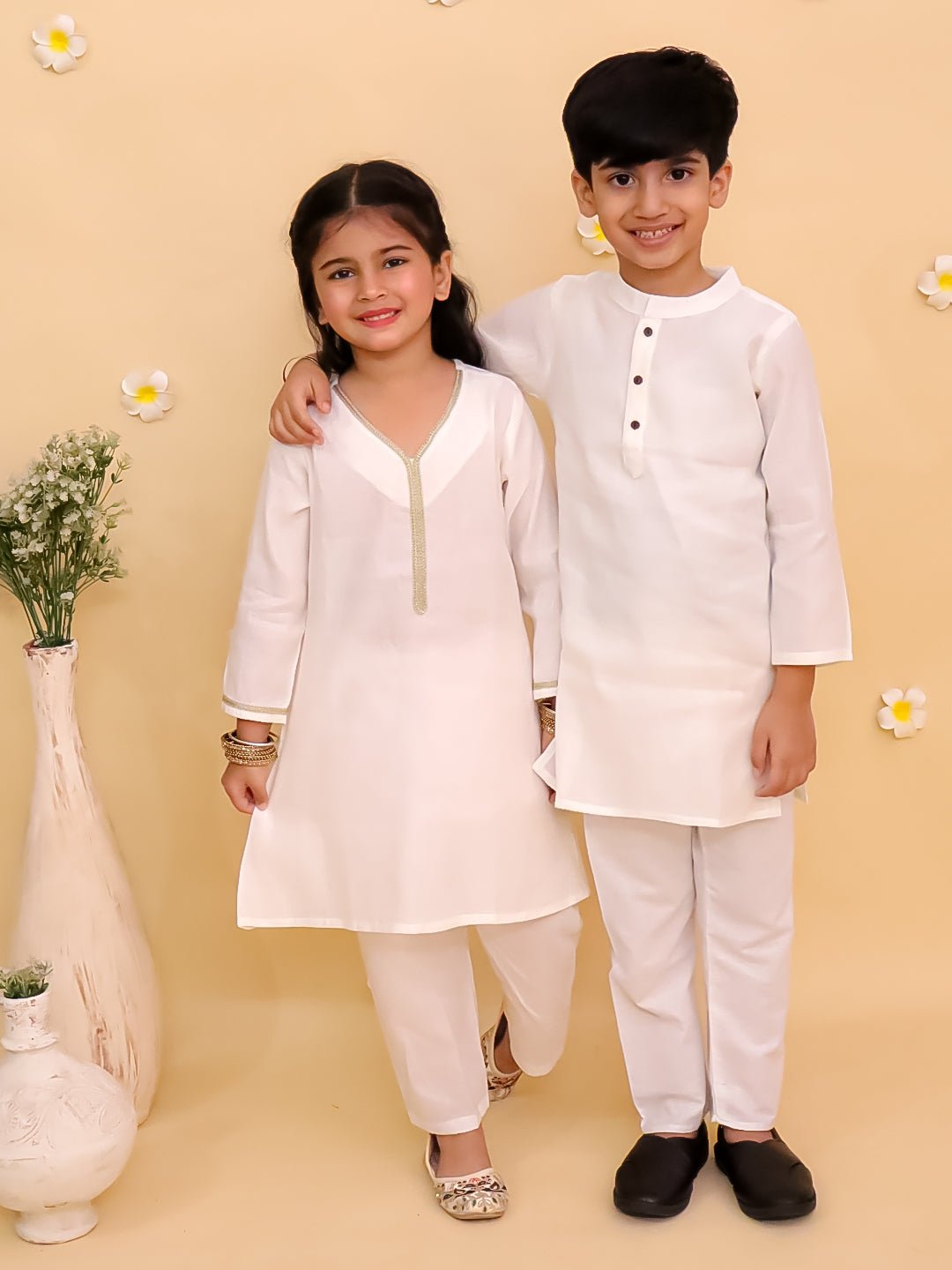 Rang De Sibling White Cotton Ethnic Kurta Pajama Twinning Combo Set