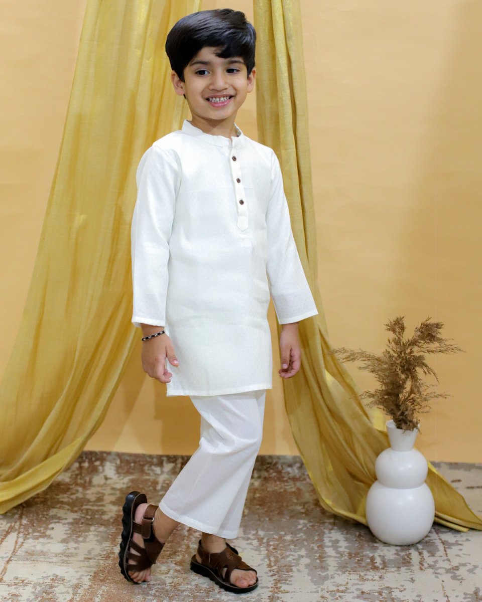 Rang De Sibling White Cotton Ethnic Kurta Pajama Twinning Combo Set