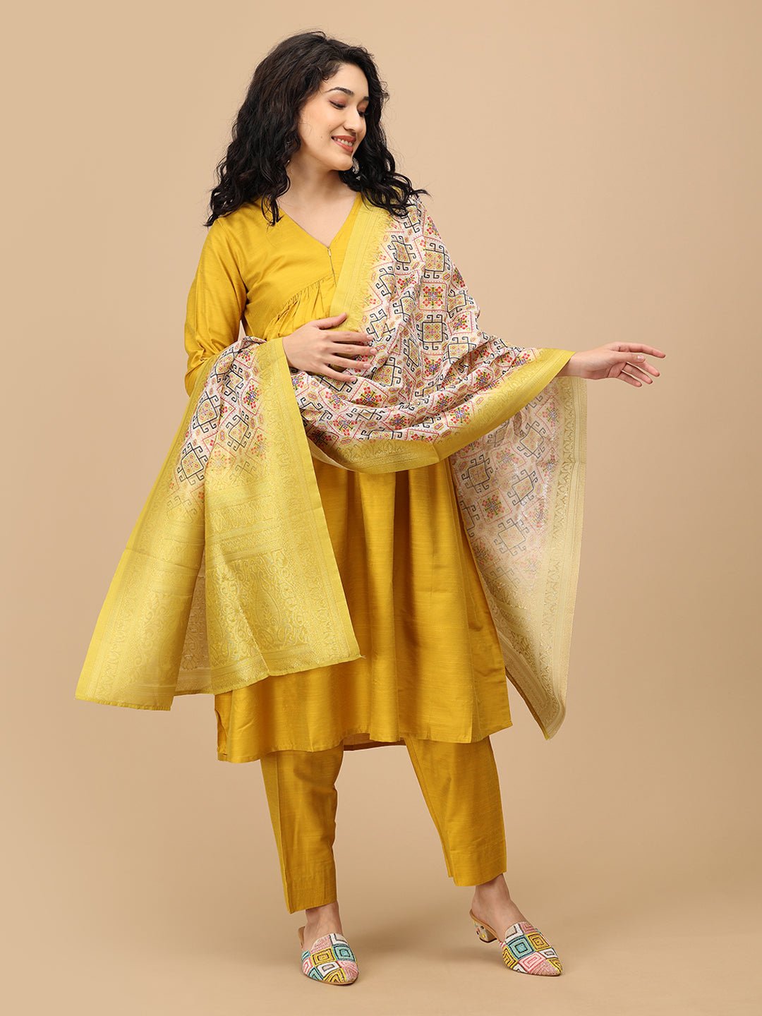  Rang-e-Kesar Maternity and Nursing Silk Kurta Set Yellow