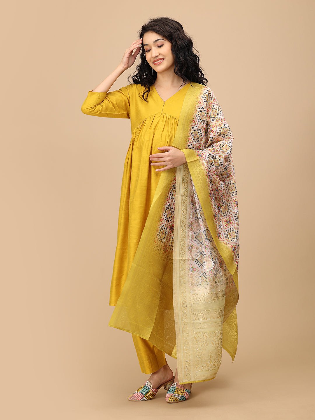  Rang-e-Kesar Maternity and Nursing Silk Kurta Set Yellow