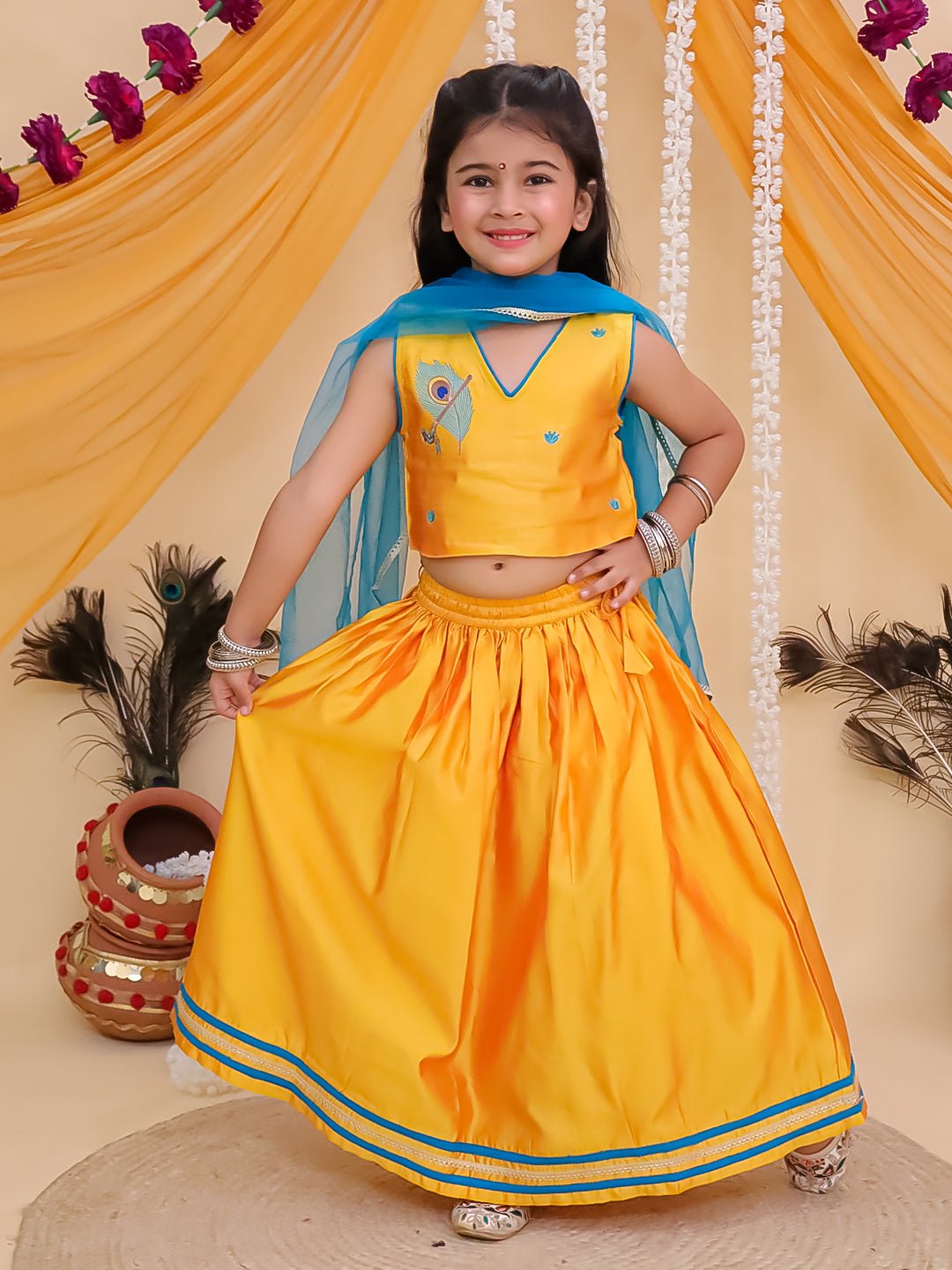 Rang Radha Embroidered Lehenga Set Yellow V-Neck Ethnic Set For Girls