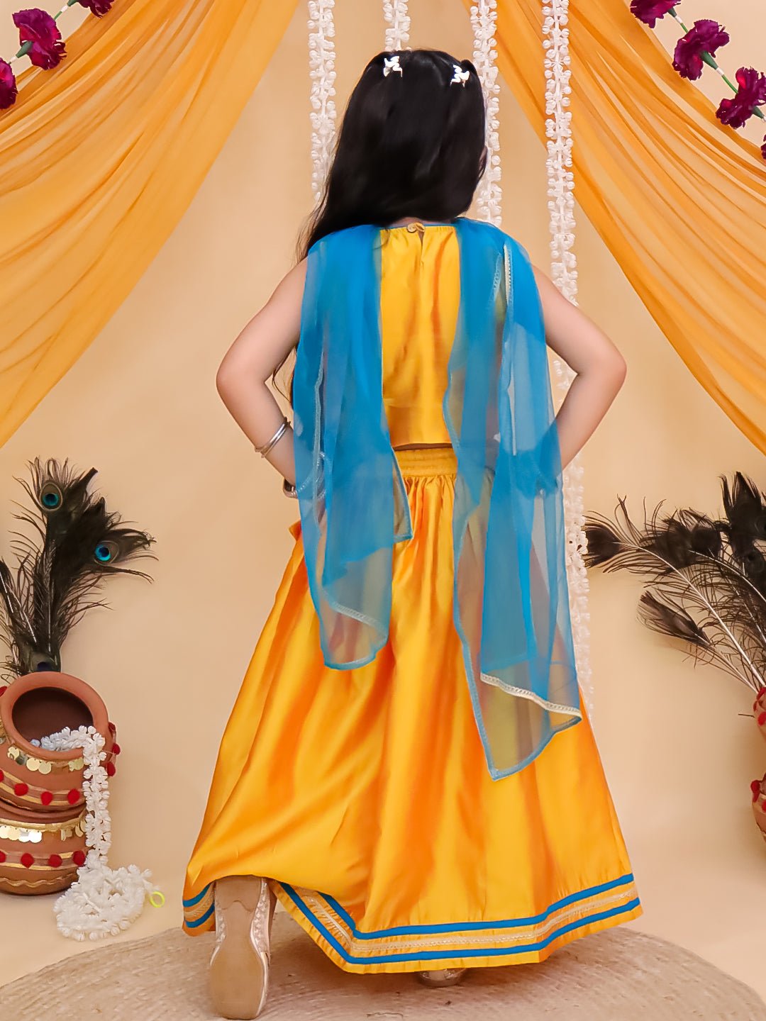 Rang Radha Embroidered Lehenga Set Yellow V-Neck Ethnic Set For Girls