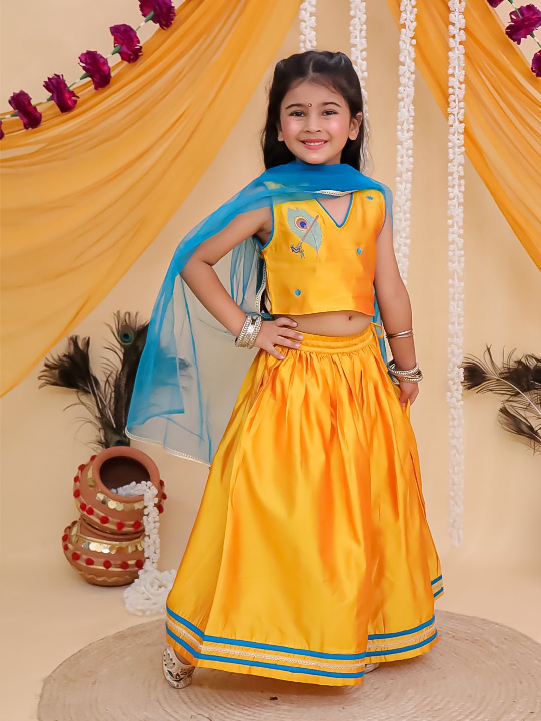 Rang Radha Embroidered Lehenga Set Yellow V-Neck Ethnic Set For Girls