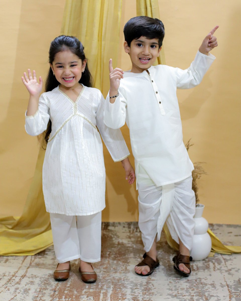 Ivory Cotton Sibling Ethnic Set With Dhoti Kurta And Alia Cut Pajama