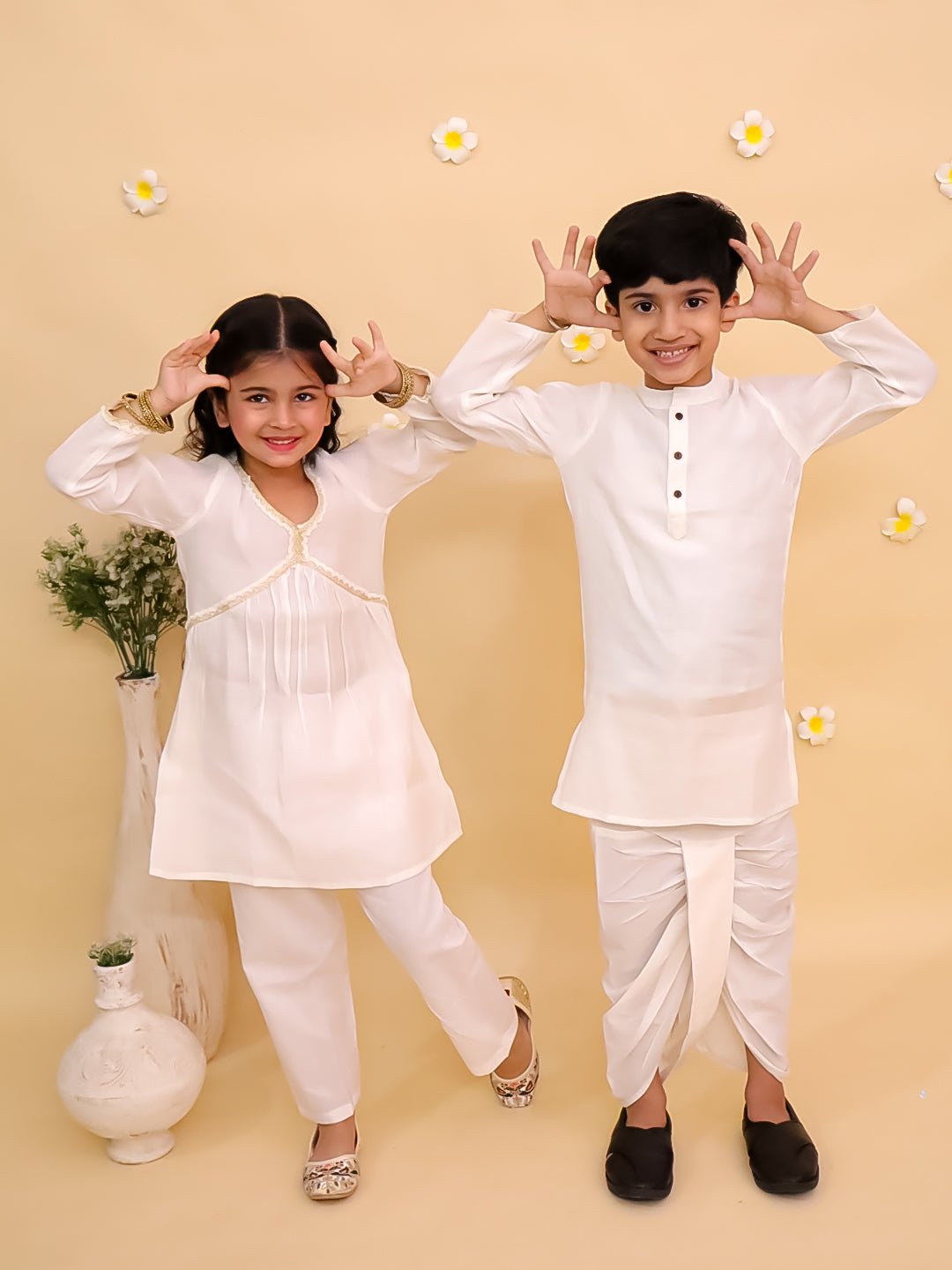 Ivory Cotton Sibling Ethnic Set With Dhoti Kurta And Alia Cut Pajama