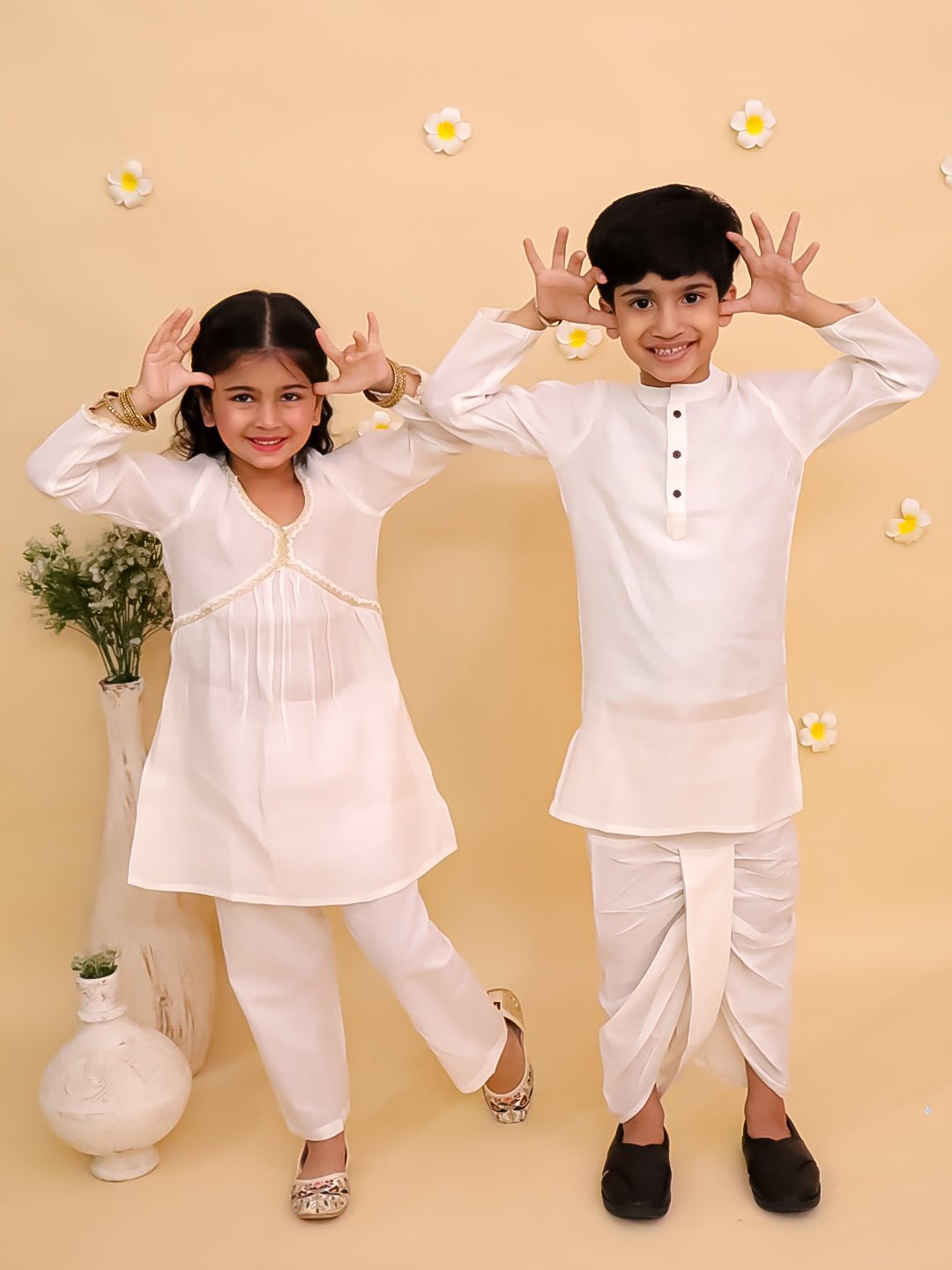 Ivory Cotton Sibling Ethnic Set With Dhoti Kurta And Alia Cut Pajama