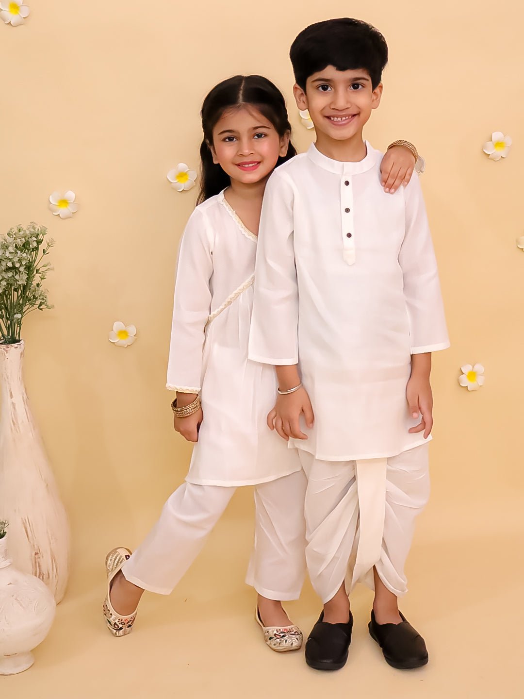 Ivory Cotton Sibling Ethnic Set With Dhoti Kurta And Alia Cut Pajama