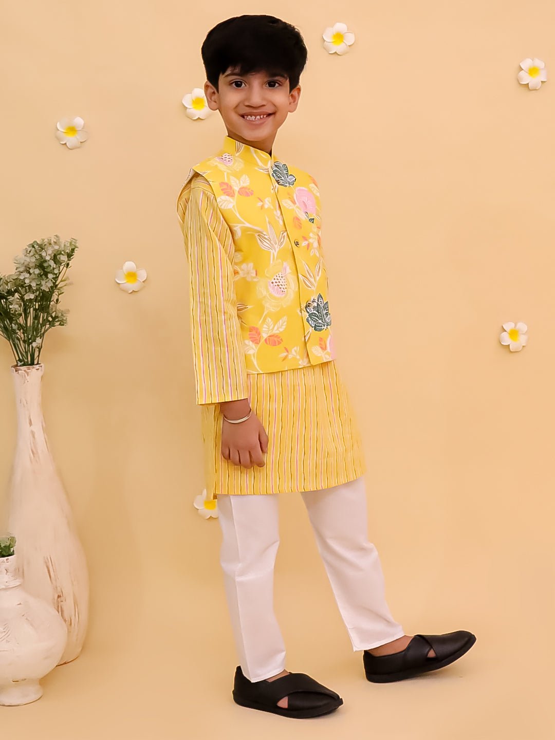 Ray of Style Boys Floral Print Jacket and Kurta Pajama Set