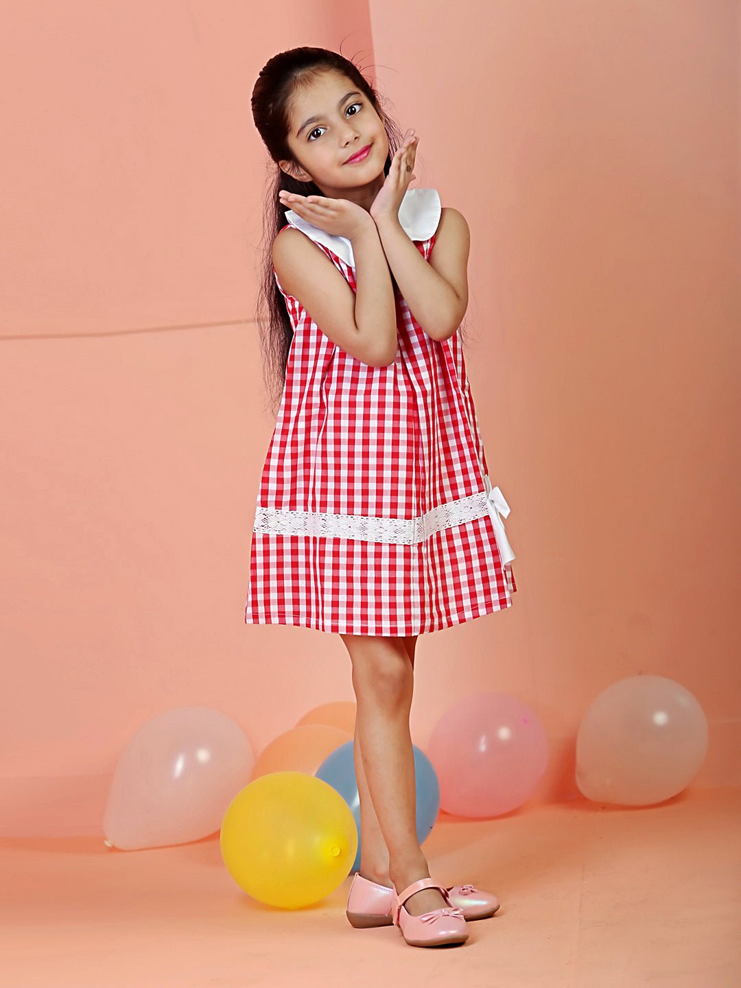Red Checkered Girls Sleeveless Peter Pan Collar Dress