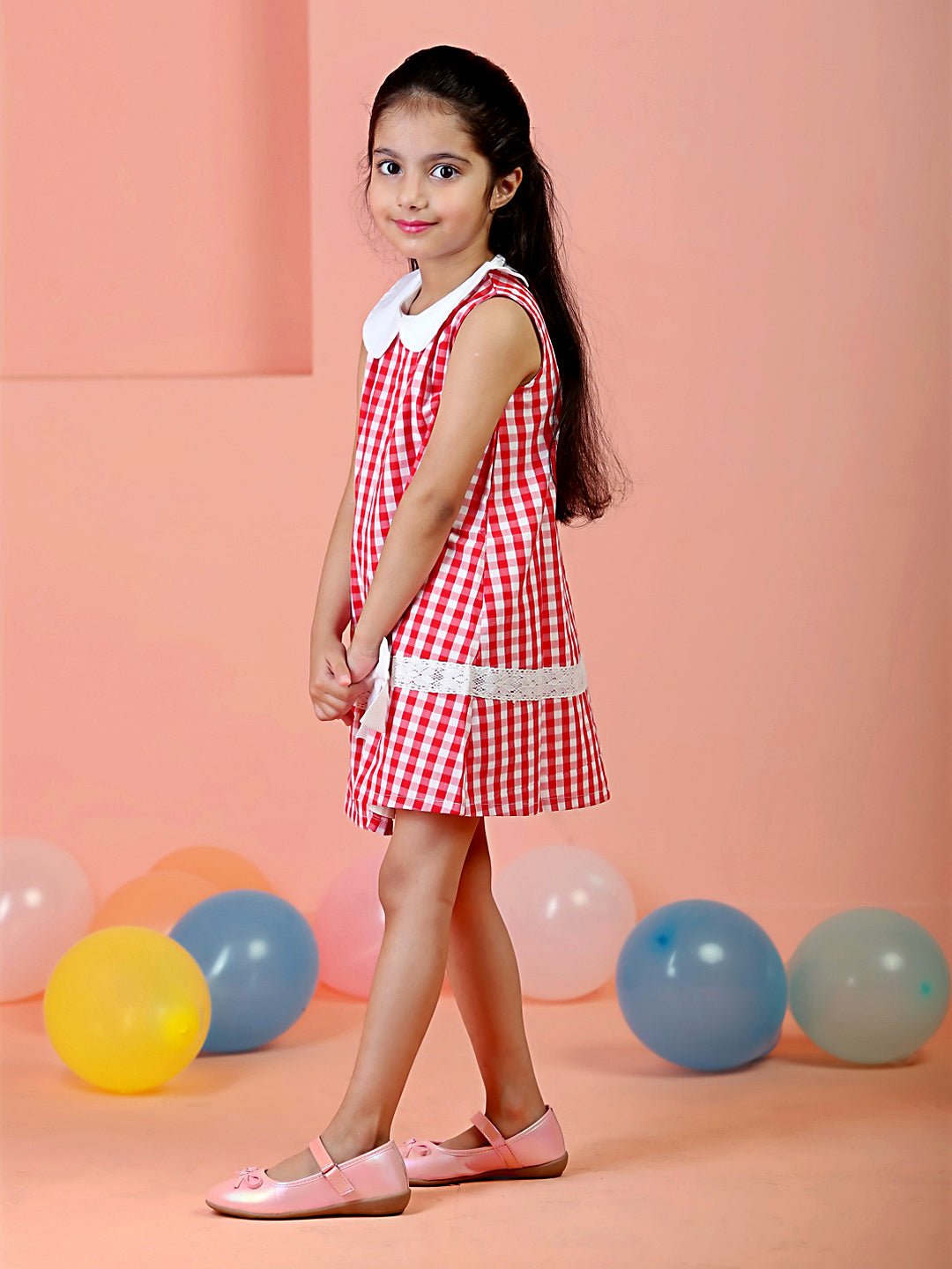 Red Checkered Girls Sleeveless Peter Pan Collar Dress