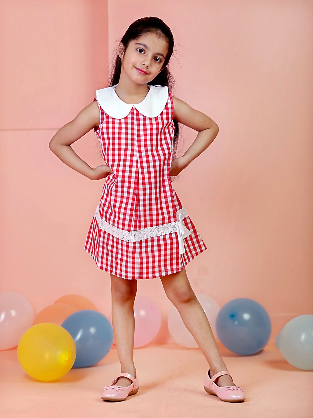 Red Checkered Girls Sleeveless Peter Pan Collar Dress