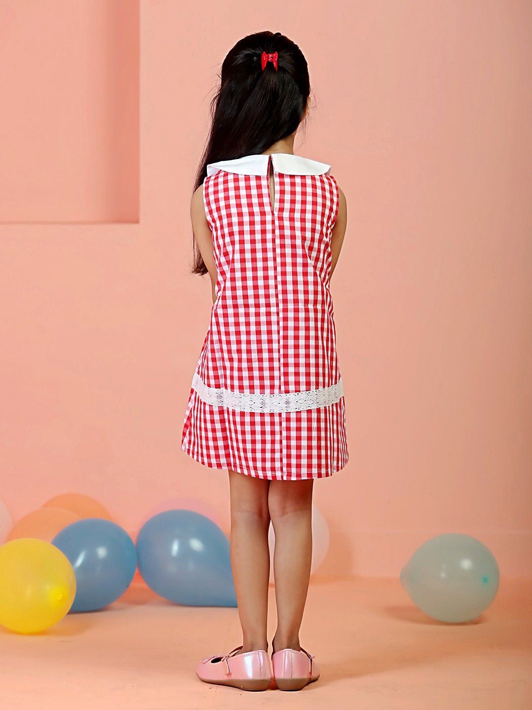 Red Checkered Girls Sleeveless Peter Pan Collar Dress