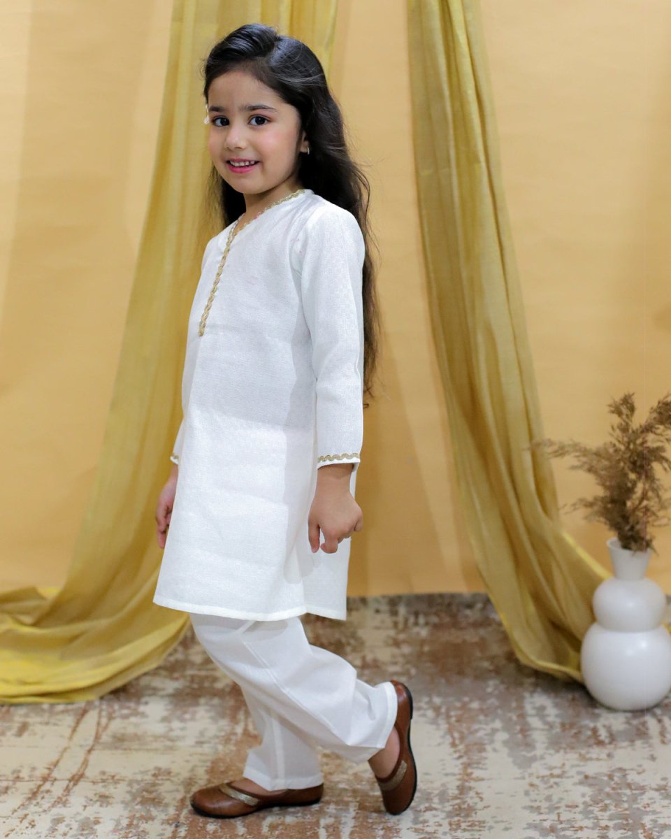Regal White Girls Kurta Pajama Set