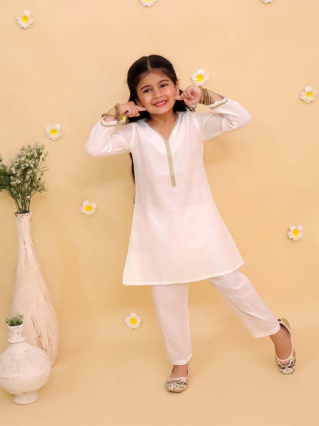 Regal White Girls Kurta Pajama Set