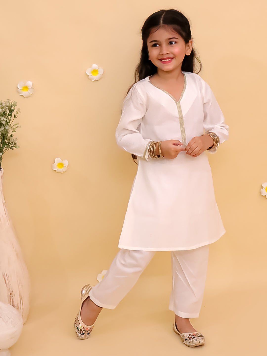 Regal White Girls Kurta Pajama Set