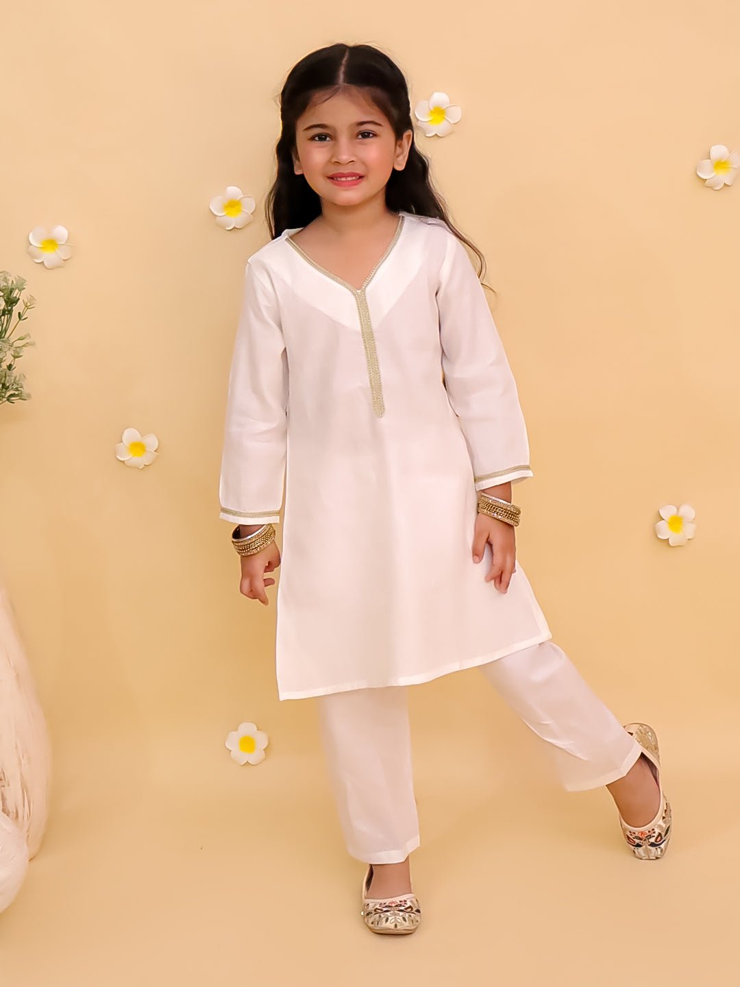 Regal White Girls Kurta Pajama Set