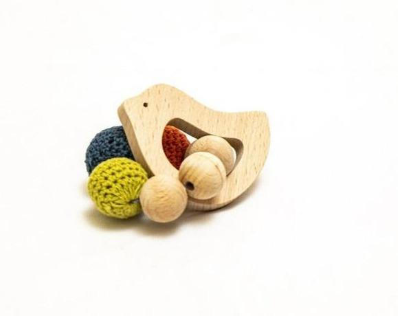 Rocking Potato Bird Crochet Beech Wood Rattle Cum Teether For Babies