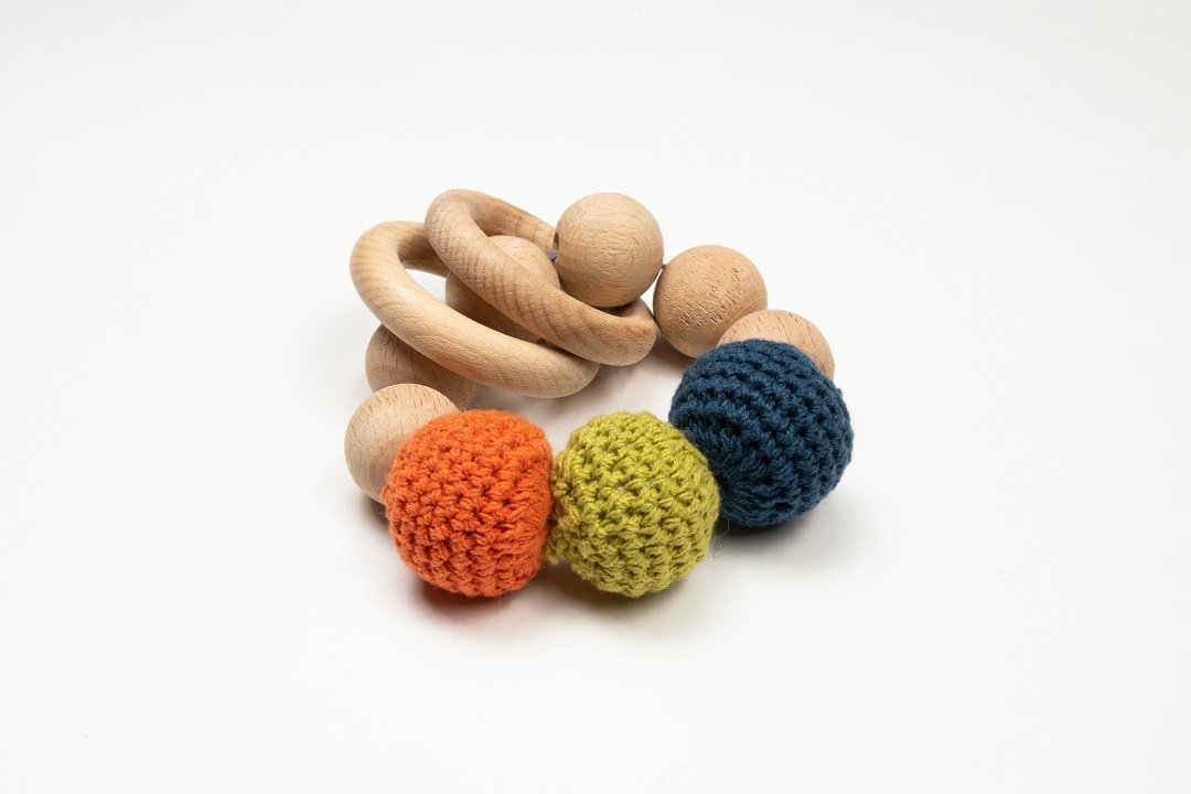 Rocking Potato Wooden Rattle Cum Teether With Crochet Balls For Babies