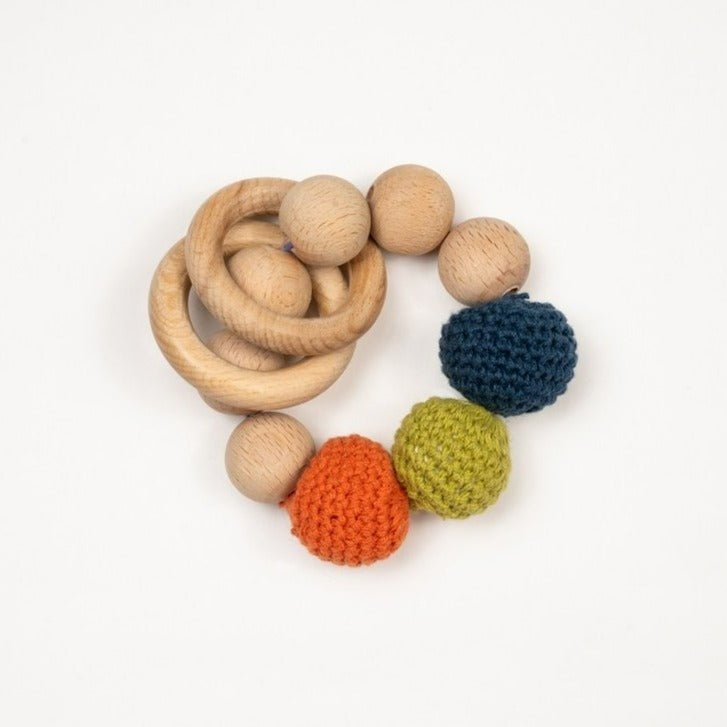 Rocking Potato Wooden Rattle Cum Teether With Crochet Balls For Babies