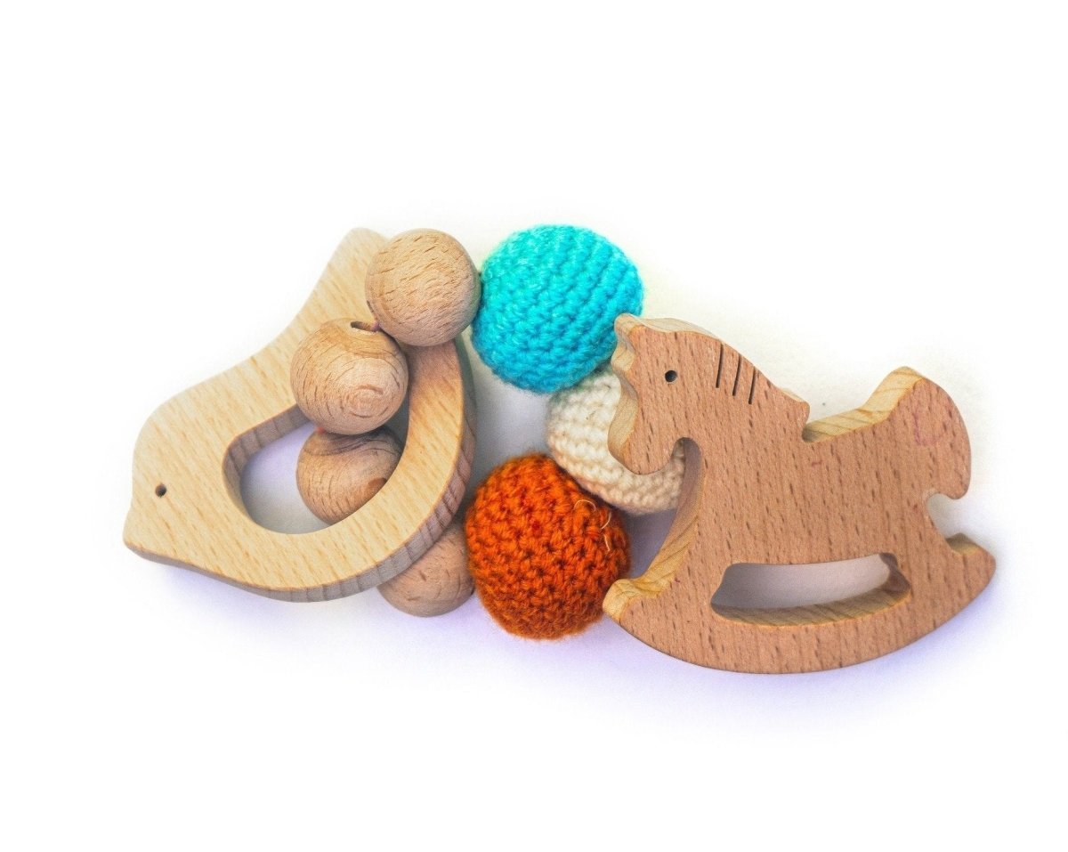 Rocking Potato Bird & Horse Crochet Beech Wood Rattle Cum Teether For Babies