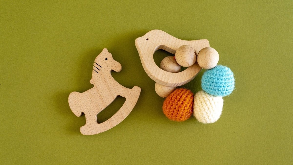 Rocking Potato Bird & Horse Crochet Beech Wood Rattle Cum Teether For Babies