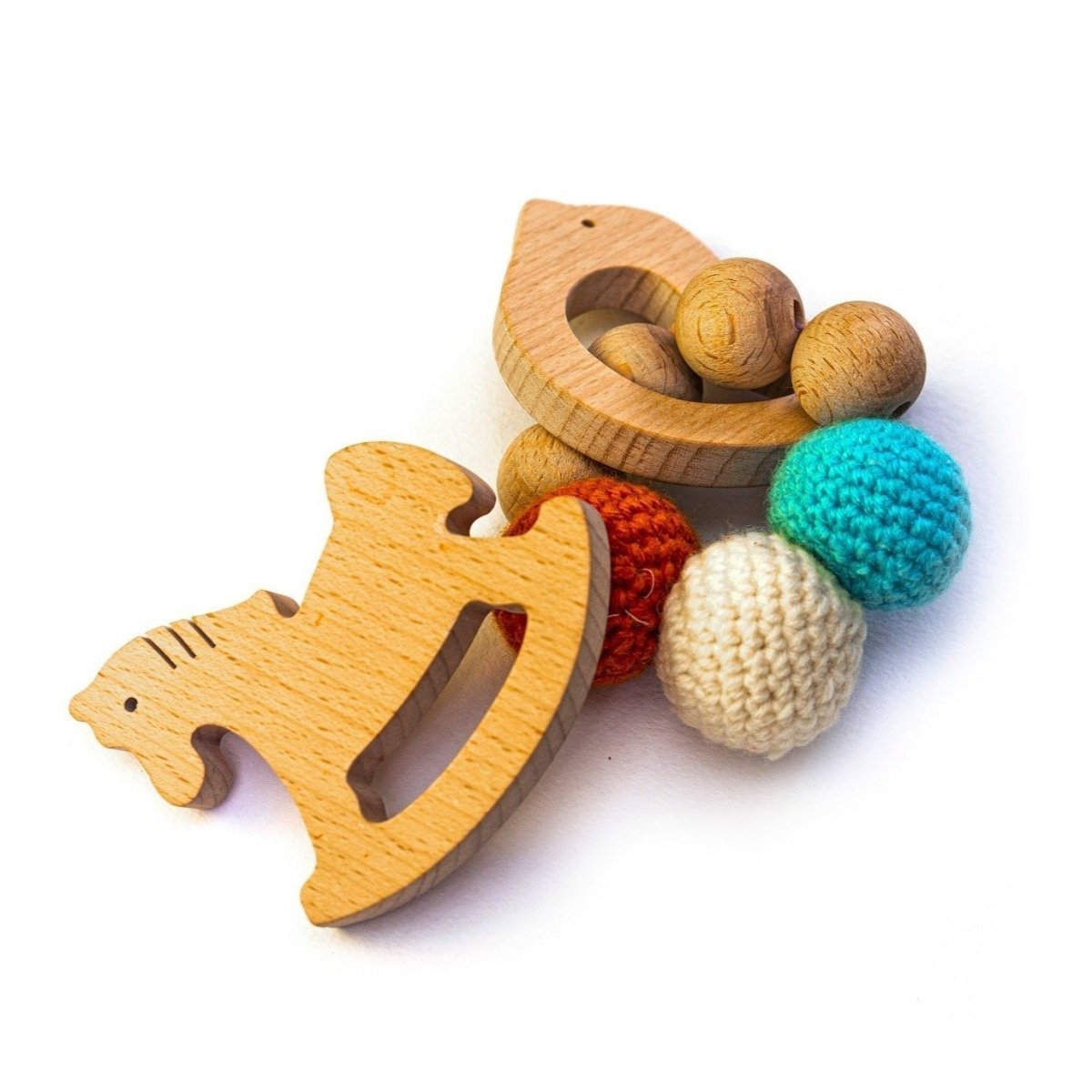 Rocking Potato Bird & Horse Crochet Beech Wood Rattle Cum Teether For Babies