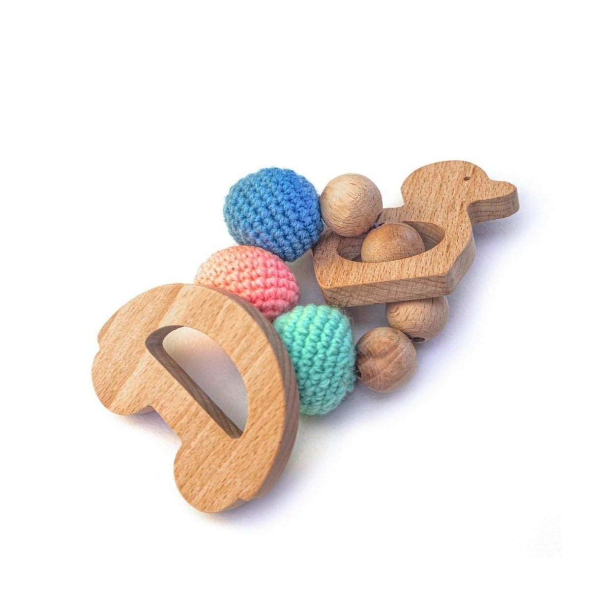 Rocking Potato Duck & Car Crochet Beech Wood Rattle Cum Teether For Babies