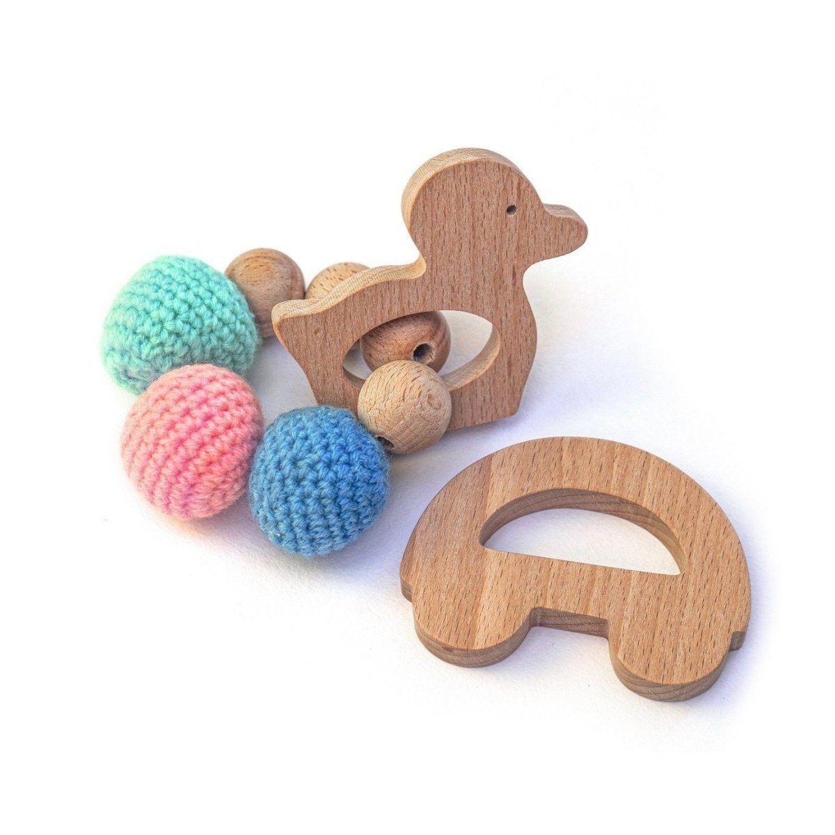 Rocking Potato Duck & Car Crochet Beech Wood Rattle Cum Teether For Babies