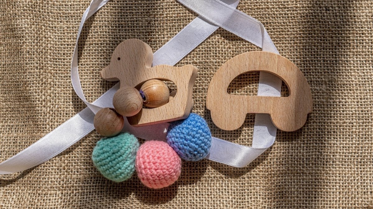 Rocking Potato Duck & Car Crochet Beech Wood Rattle Cum Teether For Babies