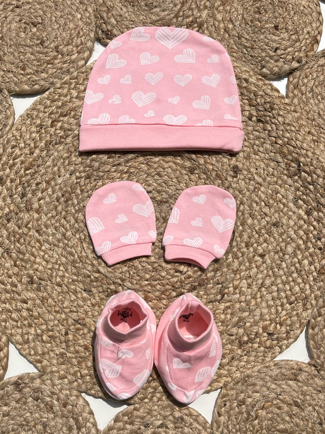  Rosy Hearts Mittens Booties and Cap Infant Set